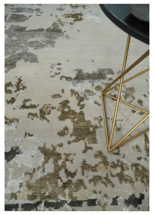 Premium Hand knotted Camel, Silver, Olive and Charcoal modern Abstract wool and Silk Blended 8x10 Area Rug