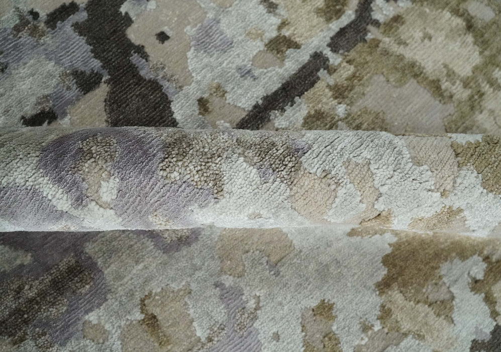 Premium Hand knotted Camel, Silver, Olive and Charcoal modern Abstract wool and Silk Blended 8x10 Area Rug