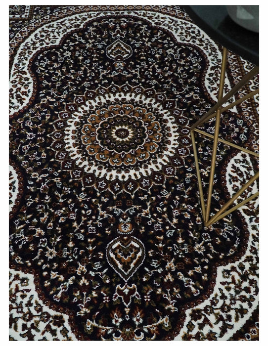 Premium Look 5x7 Black, Ivory and Brown Heriz Medallion Pattern Area Rug