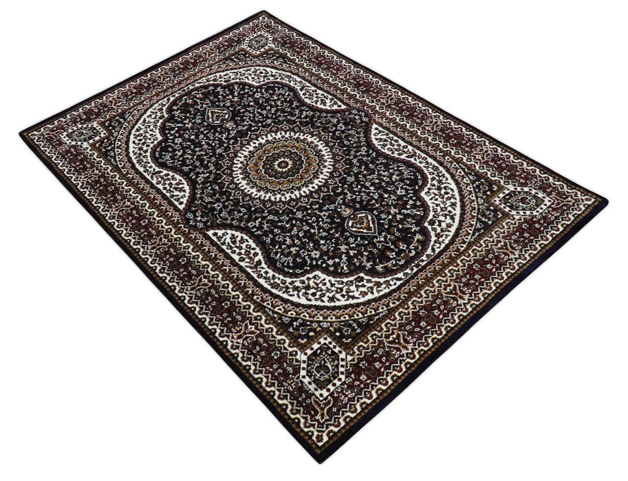 Premium Look 5x7 Black, Ivory and Brown Heriz Medallion Pattern Area Rug