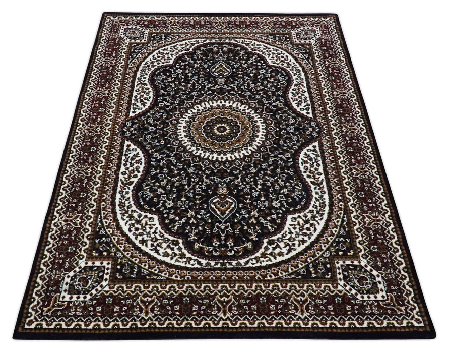 Premium Look 5x7 Black, Ivory and Brown Heriz Medallion Pattern Area Rug