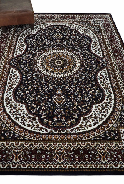 Premium Look 5x7 Black, Ivory and Brown Heriz Medallion Pattern Area Rug