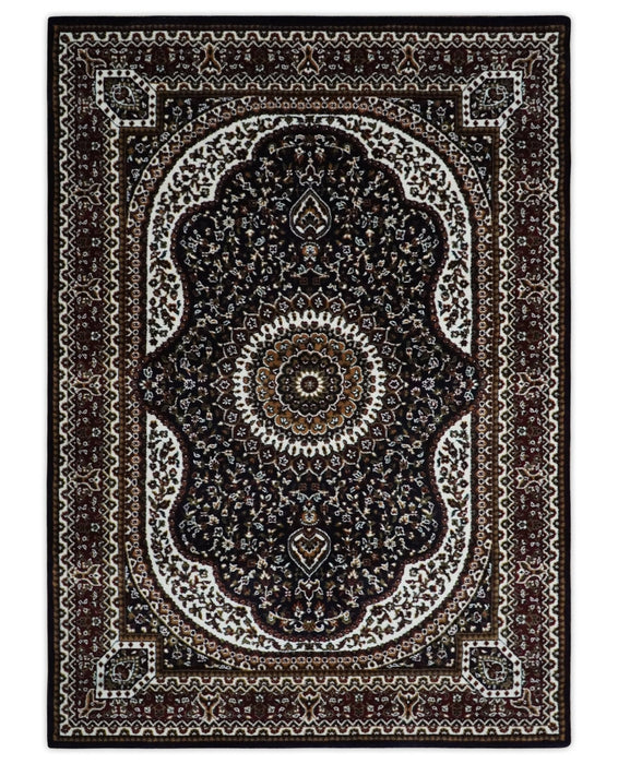 Premium Look 5x7 Black, Ivory and Brown Heriz Medallion Pattern Area Rug