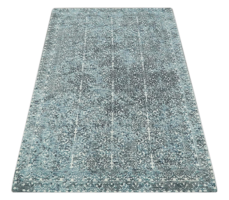 Premium look antique Design Teal, Charcoal and Ivory 5x8 Hand loom wool and Viscose Area Rug