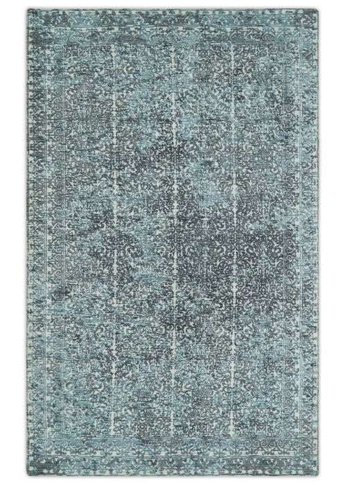 Premium look antique Design Teal, Charcoal and Ivory 5x8 Hand loom wool and Viscose Area Rug