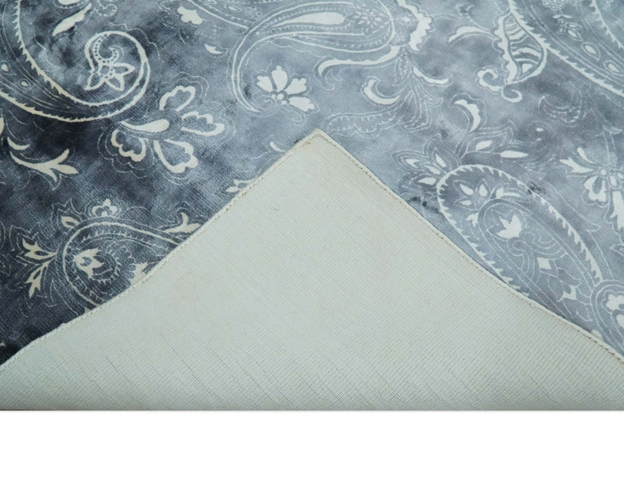 Premium look Charcoal, Ivory and Silver Hand loom Traditional Boteh Design Wool and Viscose Area Rug