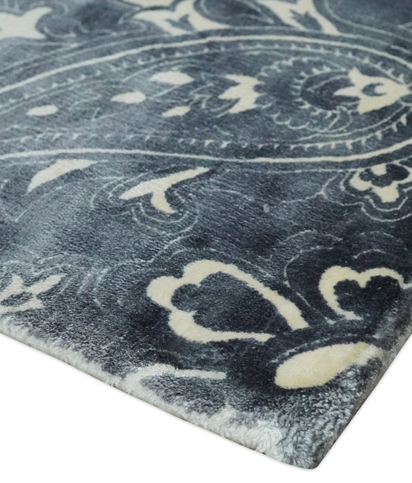 Premium look Charcoal, Ivory and Silver Hand loom Traditional Boteh Design Wool and Viscose Area Rug