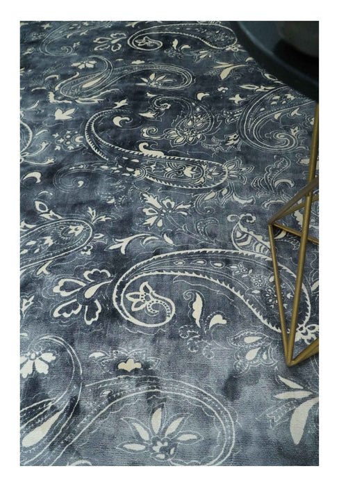 Premium look Charcoal, Ivory and Silver Hand loom Traditional Boteh Design Wool and Viscose Area Rug