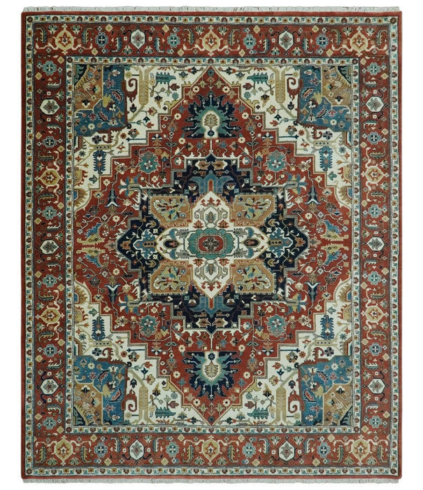 Premium look Fine Hand Knotted Rust, Ivory and Beige Traditional Heriz 8x10 wool rug