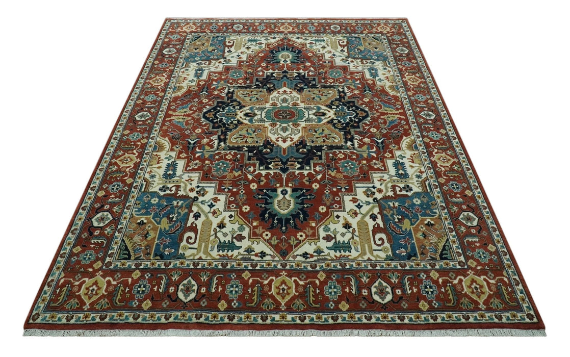 Premium look Fine Hand Knotted Rust, Ivory and Beige Traditional Heriz 8x10 wool rug