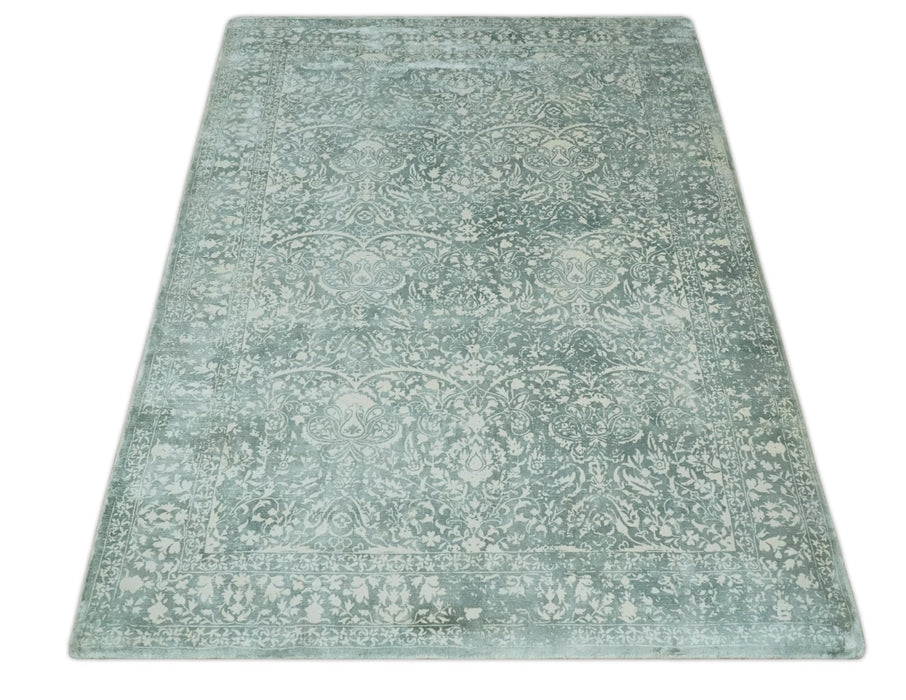 Premium look Floral Ivory and Green 5.6x8 Handloom Viscose Area Rug