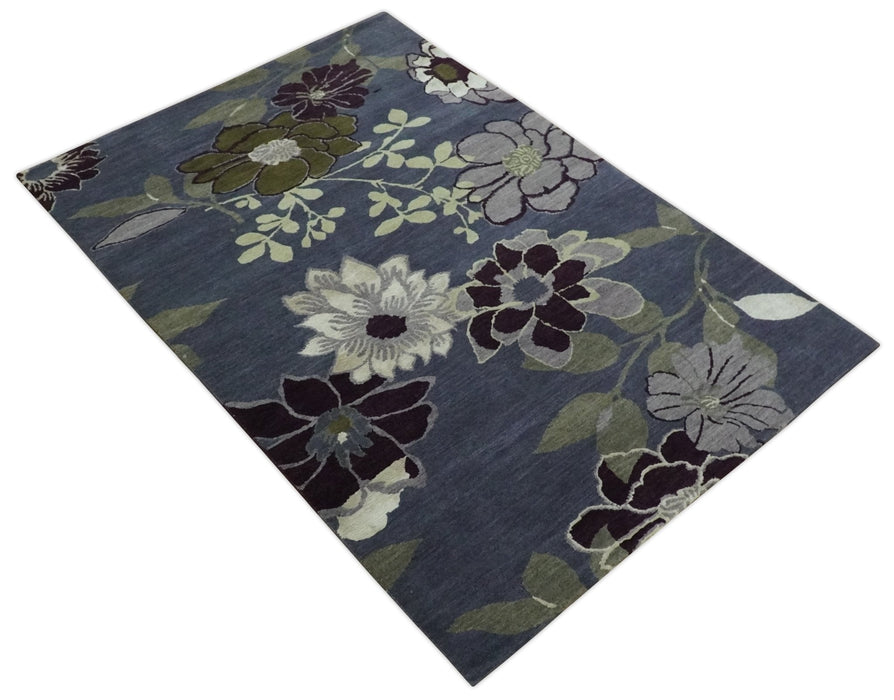Premium look Green, Ivory, Charcoal and Gray Traditional Floral 4.6x6.6 wool and Art Silk Area Rug