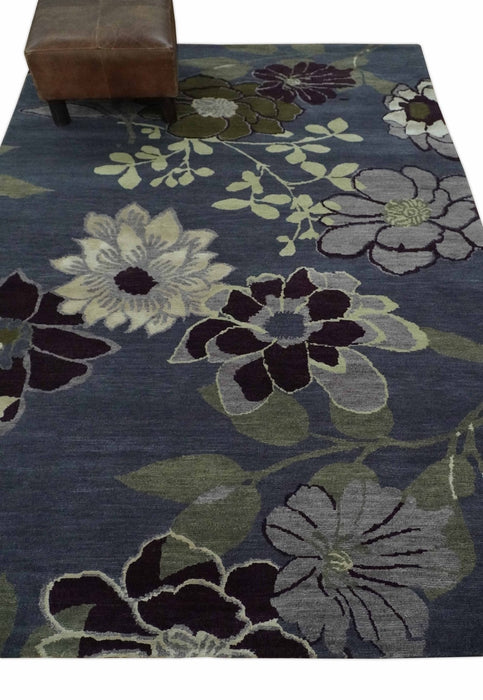 Premium look Green, Ivory, Charcoal and Gray Traditional Floral 4.6x6.6 wool and Art Silk Area Rug