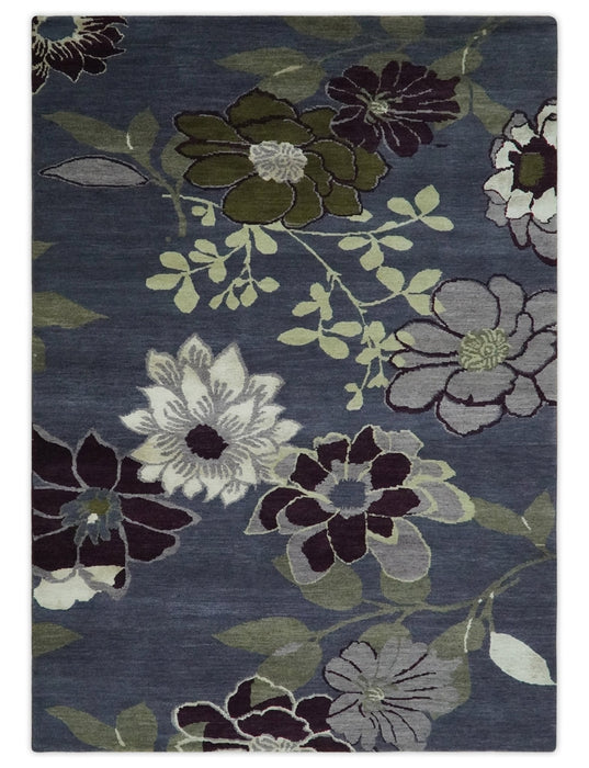 Premium look Green, Ivory, Charcoal and Gray Traditional Floral 4.6x6.6 wool and Art Silk Area Rug