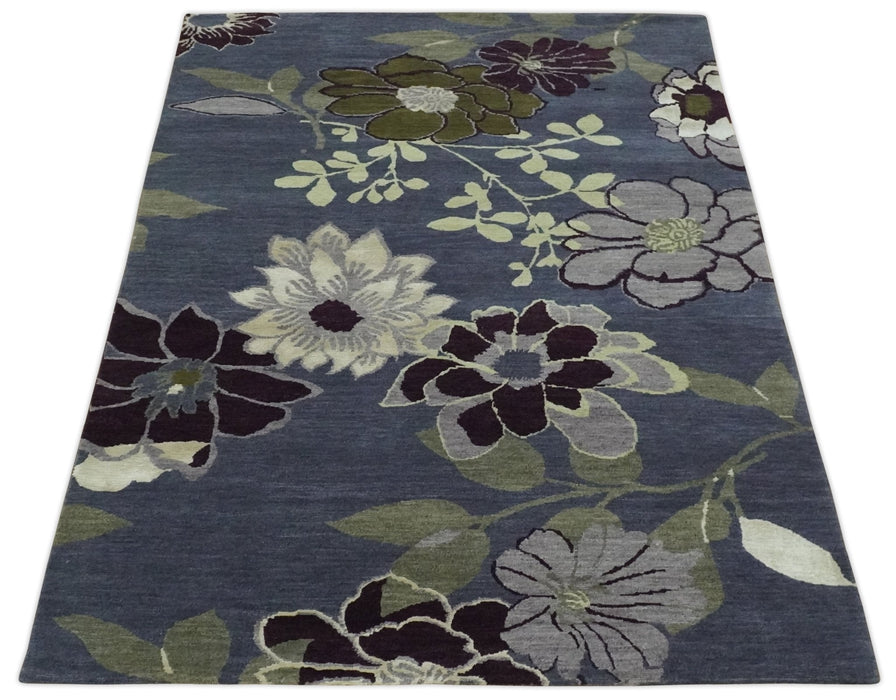 Premium look Green, Ivory, Charcoal and Gray Traditional Floral 4.6x6.6 wool and Art Silk Area Rug