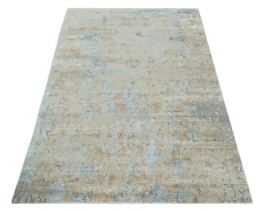 Premium look Hand knotted Silver and Blue modern Abstract wool and Silk Blended 7.10x9.6 Area Rug
