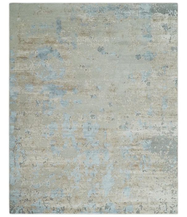 Premium look Hand knotted Silver and Blue modern Abstract wool and Silk Blended 7.10x9.6 Area Rug