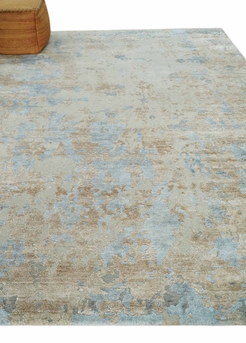 Premium look Hand knotted Silver and Blue modern Abstract wool and Silk Blended 7.10x9.6 Area Rug