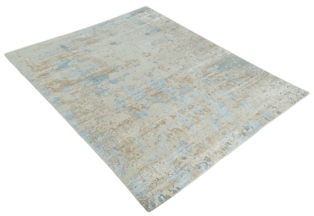 Premium look Hand knotted Silver and Blue modern Abstract wool and Silk Blended 7.10x9.6 Area Rug