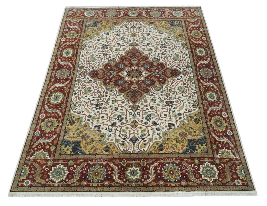 Premium Look Ivory, Rust and Gold 8x10 Hand knotted Traditional Wool Area Rug
