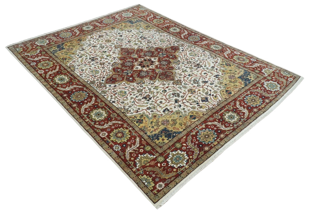Premium Look Ivory, Rust and Gold 8x10 Hand knotted Traditional Wool Area Rug