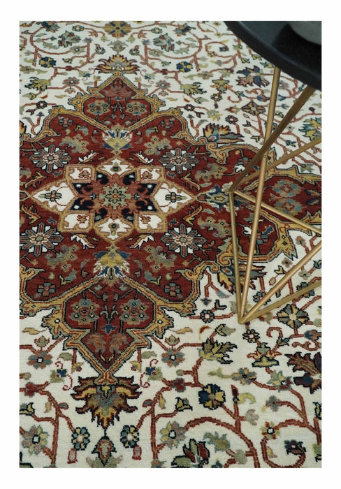 Premium Look Ivory, Rust and Gold 8x10 Hand knotted Traditional Wool Area Rug