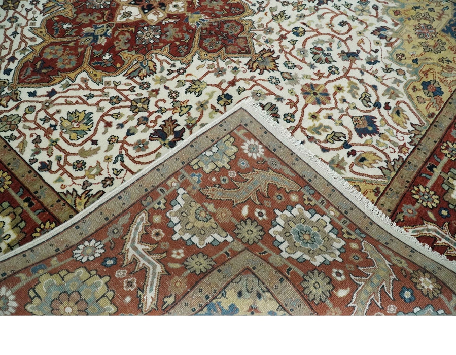 Premium Look Ivory, Rust and Gold 8x10 Hand knotted Traditional Wool Area Rug