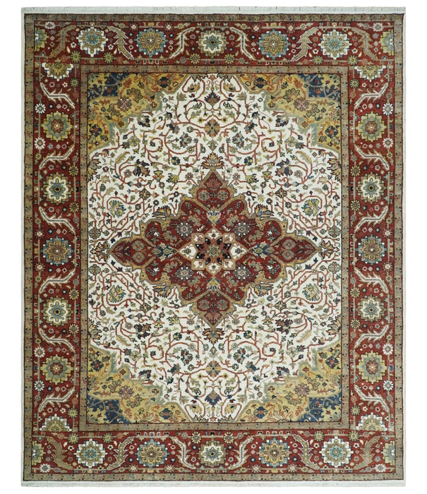 Premium Look Ivory, Rust and Gold 8x10 Hand knotted Traditional Wool Area Rug