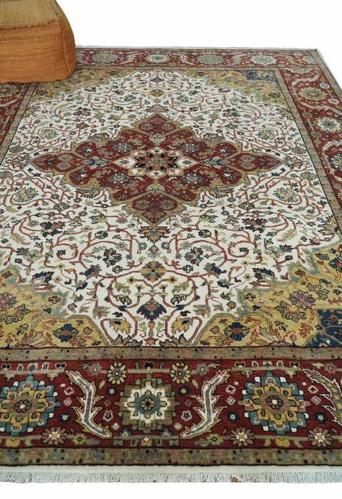Premium Look Ivory, Rust and Gold 8x10 Hand knotted Traditional Wool Area Rug