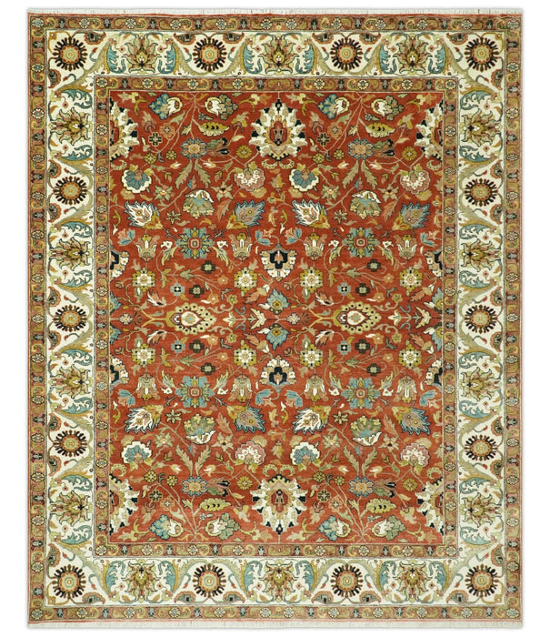 Premium look Rust and Ivory Traditional Floral Fine Hand knotted 8x10 wool area rug