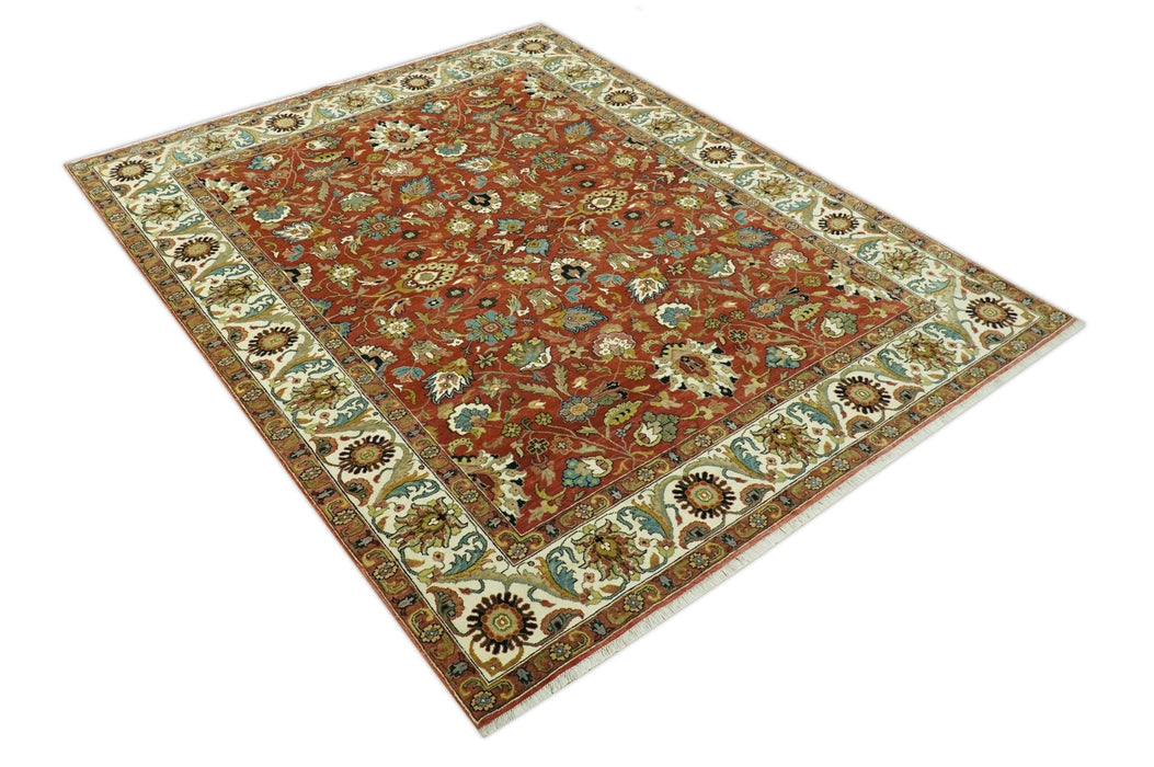 Premium look Rust and Ivory Traditional Floral Fine Hand knotted 8x10 wool area rug