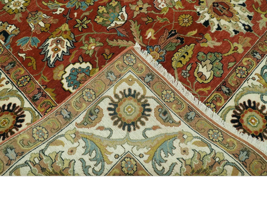 Premium look Rust and Ivory Traditional Floral Fine Hand knotted 8x10 wool area rug
