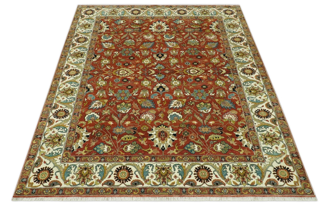 Premium look Rust and Ivory Traditional Floral Fine Hand knotted 8x10 wool area rug