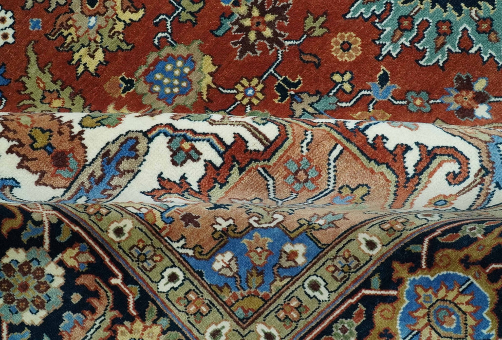 Premium look Rust, Blue and Olive 8x10 Fine Hand Knotted Traditional Heriz wool area rug