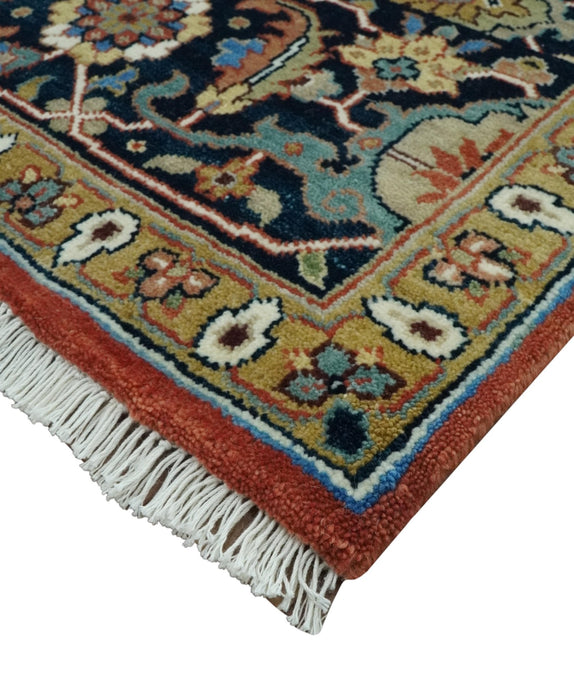 Premium look Rust, Blue and Olive 8x10 Fine Hand Knotted Traditional Heriz wool area rug