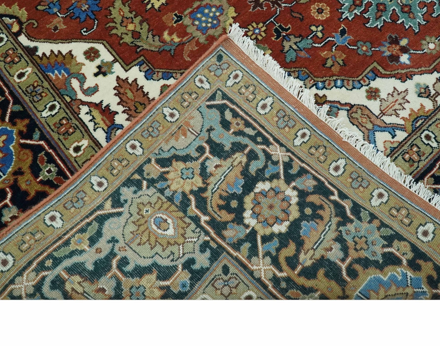 Premium look Rust, Blue and Olive 8x10 Fine Hand Knotted Traditional Heriz wool area rug