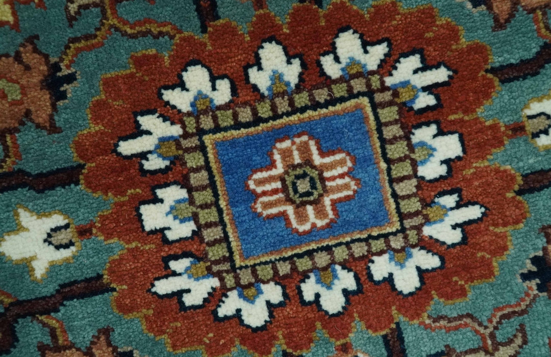 Premium look Rust, Blue and Olive 8x10 Fine Hand Knotted Traditional Heriz wool area rug