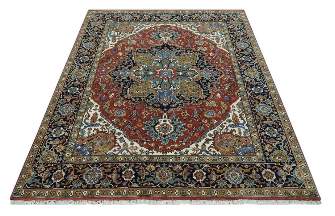 Premium look Rust, Blue and Olive 8x10 Fine Hand Knotted Traditional Heriz wool area rug