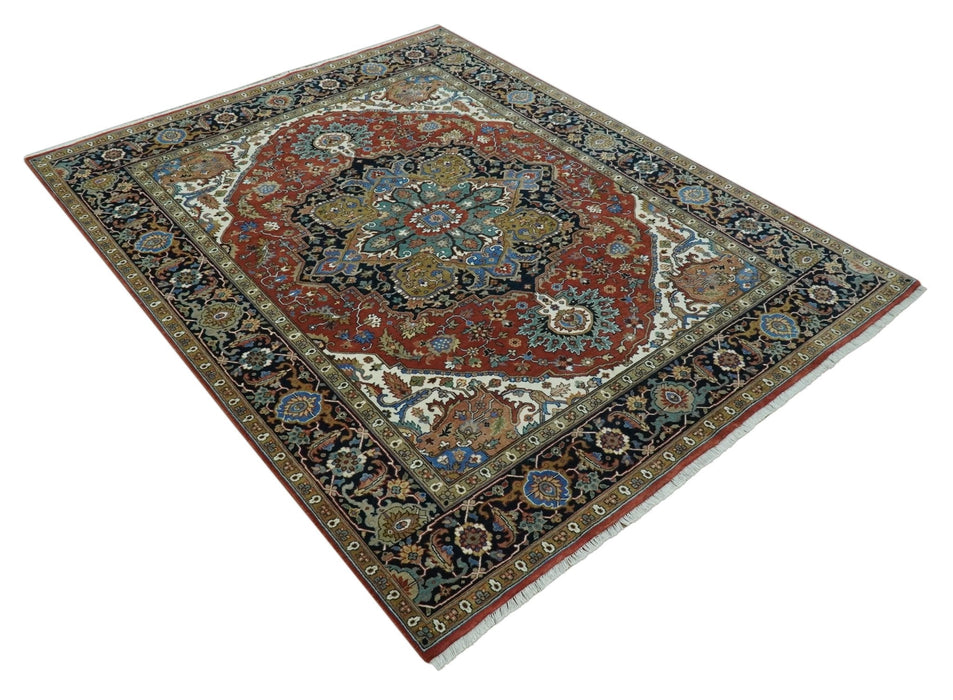 Premium look Rust, Blue and Olive 8x10 Fine Hand Knotted Traditional Heriz wool area rug