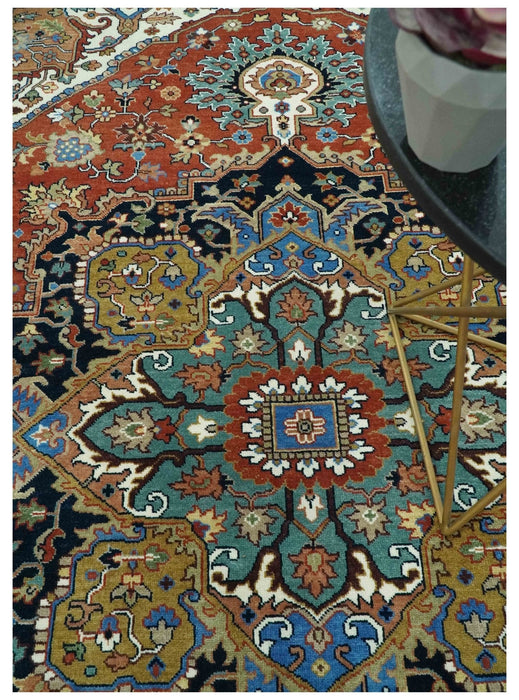 Premium look Rust, Blue and Olive 8x10 Fine Hand Knotted Traditional Heriz wool area rug