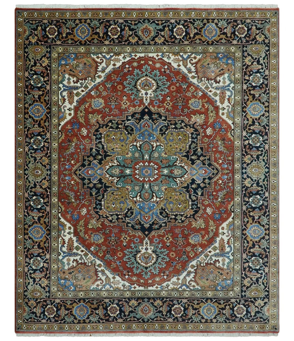 Premium look Rust, Blue and Olive 8x10 Fine Hand Knotted Traditional Heriz wool area rug