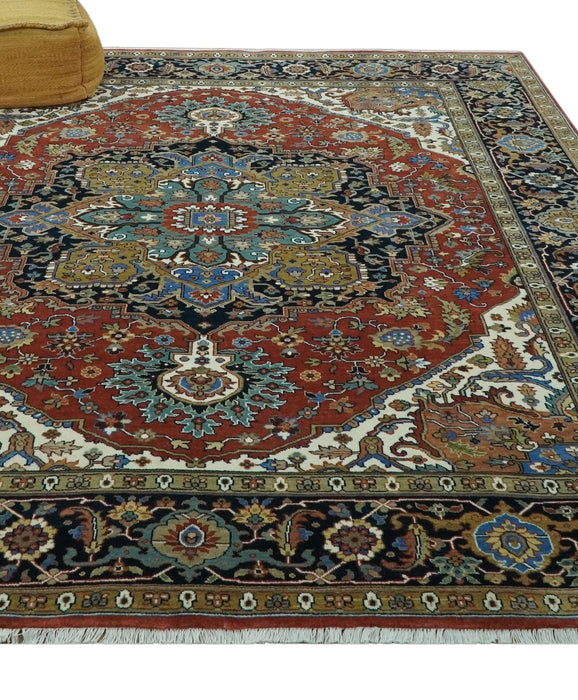 Premium look Rust, Blue and Olive 8x10 Fine Hand Knotted Traditional Heriz wool area rug