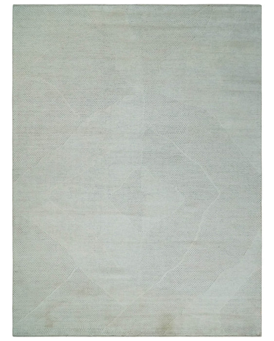 Premium look Solid Ivory Antique carved Design 9x12 Hand knotted wool Area Rug