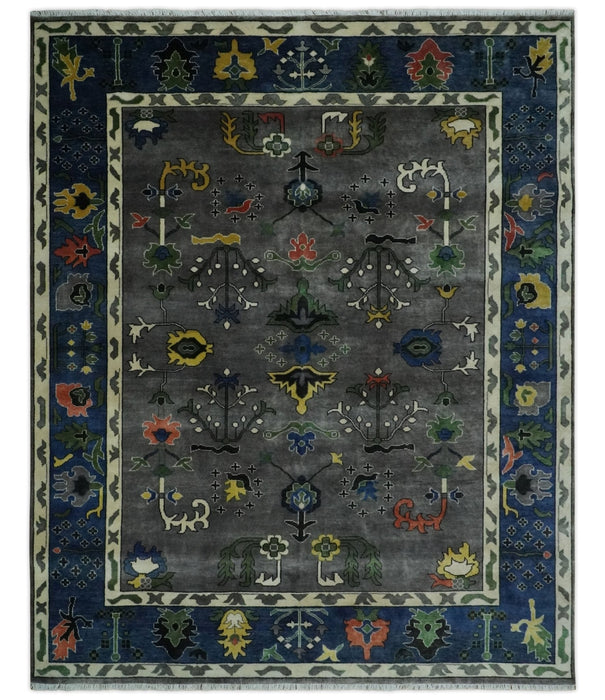 Premium look Vibrant Colorful Charcoal, Blue and Ivory Hand knotted Traditional Floral 8x10 wool Area Rug
