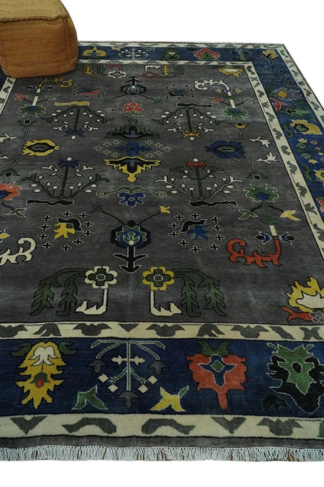 Premium look Vibrant Colorful Charcoal, Blue and Ivory Hand knotted Traditional Floral 8x10 wool Area Rug