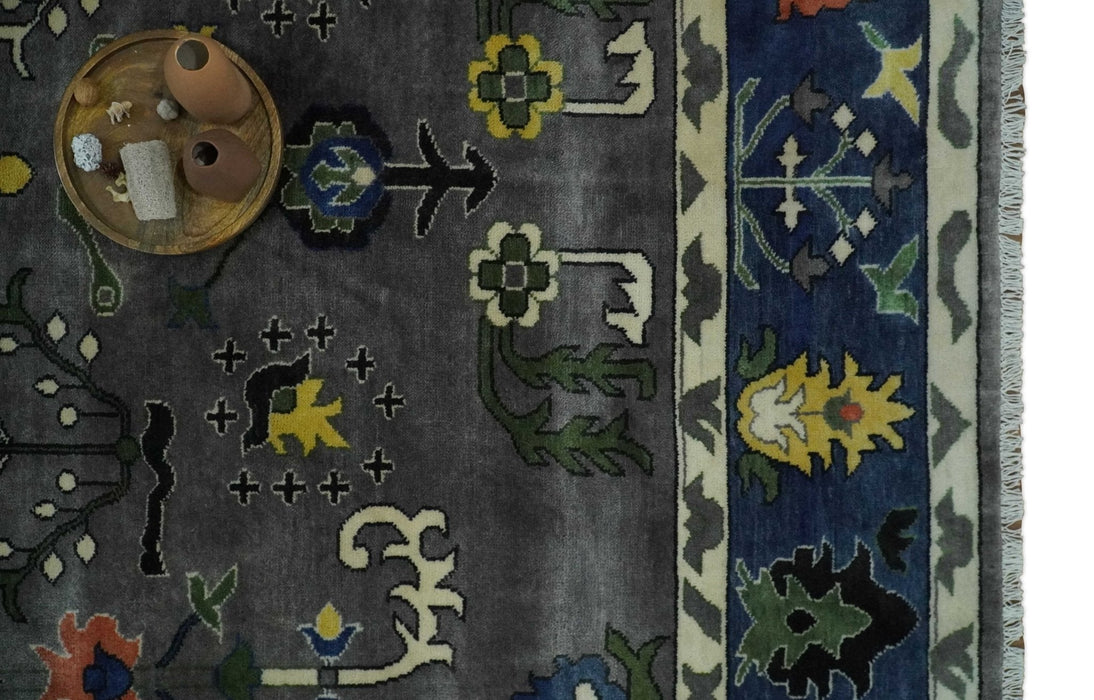 Premium look Vibrant Colorful Charcoal, Blue and Ivory Hand knotted Traditional Floral 8x10 wool Area Rug