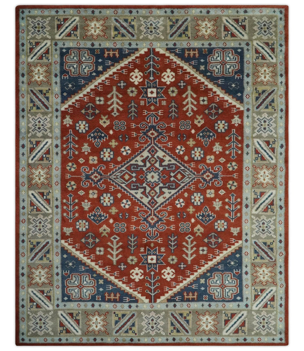 Premium Style Rust, Blue and Beige Hand Knotted Traditional Heriz wool Area Rug