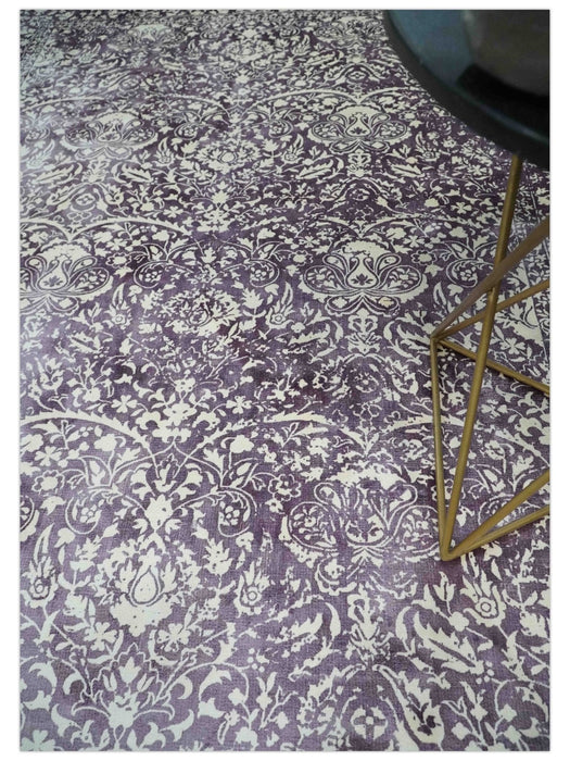 Premium Style Floral Ivory and Dark Purple 5.6x8 Handloom Wool and Viscose Area Rug