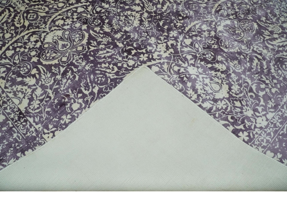 Premium Style Floral Ivory and Dark Purple 5.6x8 Handloom Wool and Viscose Area Rug