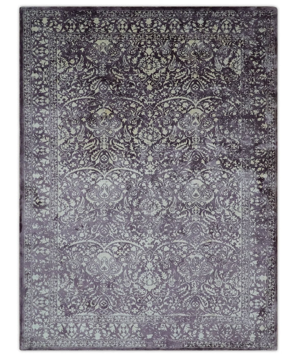Premium Style Floral Ivory and Dark Purple 5.6x8 Handloom Wool and Viscose Area Rug